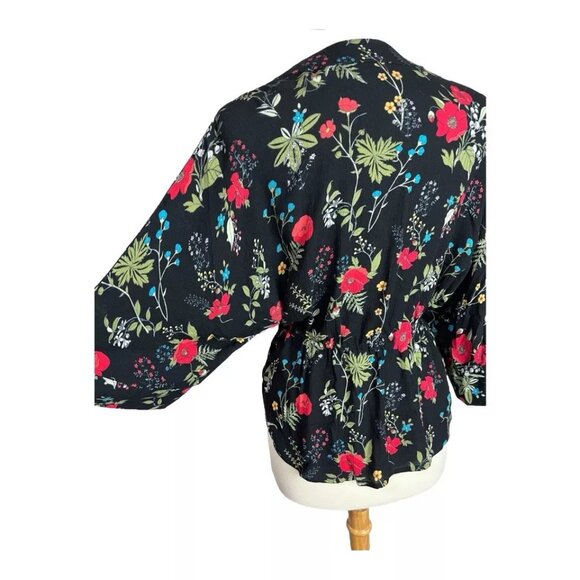 Floral Kimono Top XS Black Red Cinched Tie Front Express Wide Sleeve Rayon - Picture 4 of 8